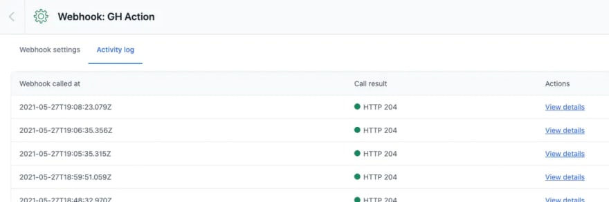 A screenshot of the webhook activity log showing it being triggered a number of times, with the timestamp, HTTP status codes and links to view details.