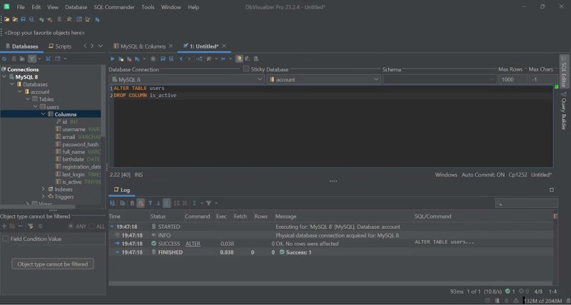 Launching the DROP COLUMN operation in DbVisualizer.