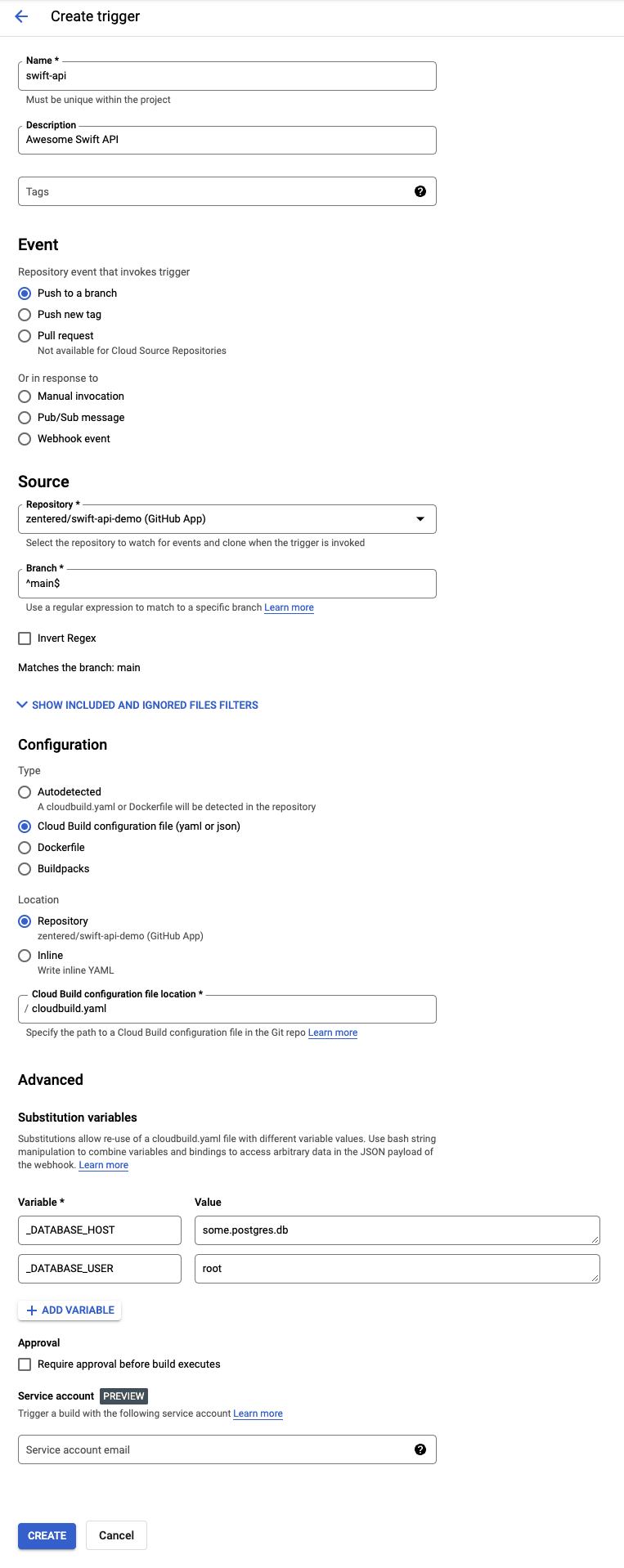 screenshot of cloud build trigger settings