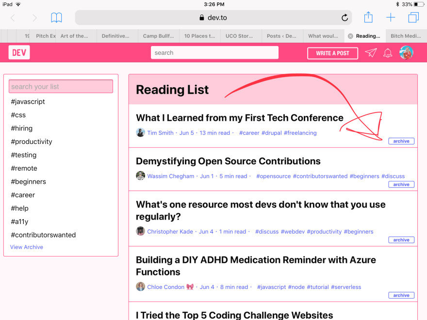 screenshot of the dev.to reading list, with an arrow pointing to the “archive” option