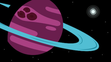 Purple clouds swirl about the planet, twisting into three red storms. Its icy ring reflects light from a star in the distance.