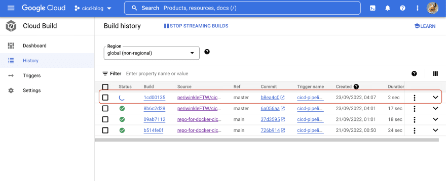 GCP CI/CD pipeline using Code Build, Docker, and Github. Running trigger automatically pt4