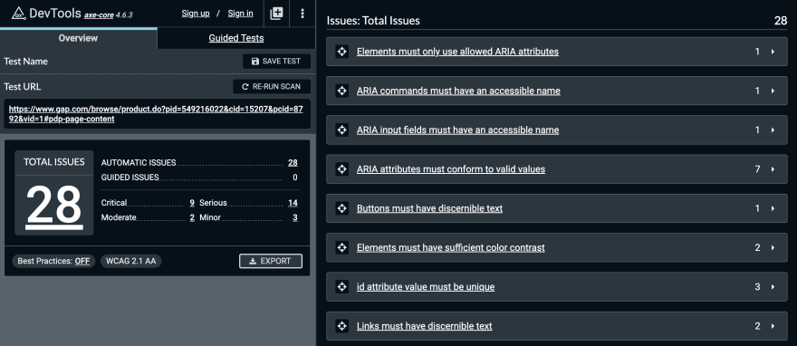 Configuring the axe DevTools Extension