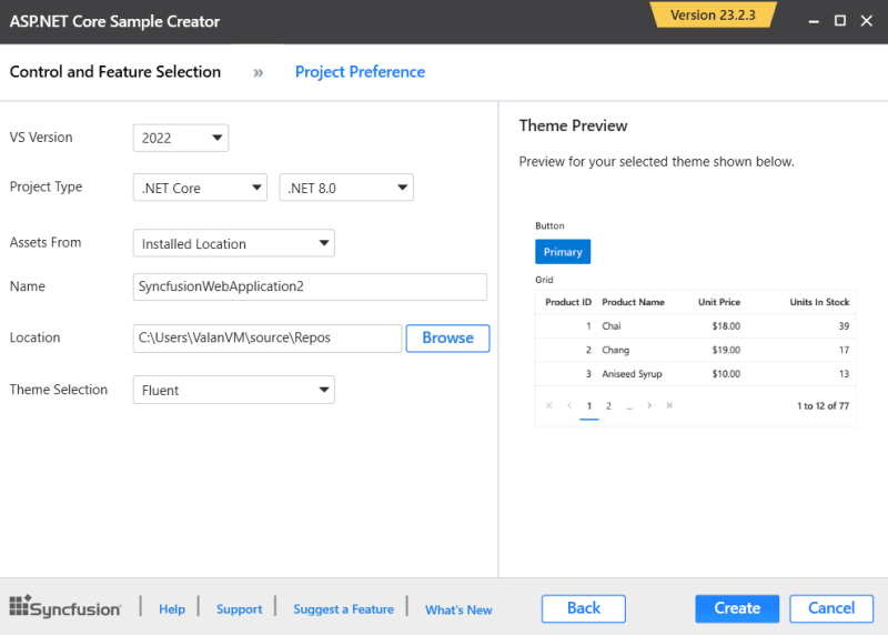 Choose .NET 8 option on the ASP.NET Core Sample Creator wizard