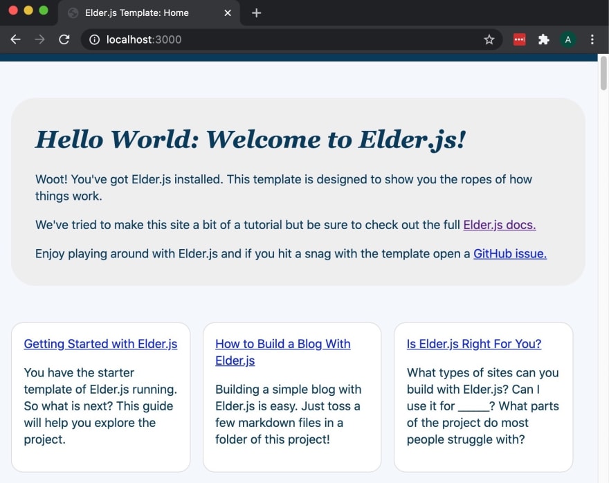 웹 브라우저에 Elder.js 템플릿 사이트가 열린 모습. Hello World: Welcome to Elder.js 라는 제목이 큰 글씨로 적혀 있다.