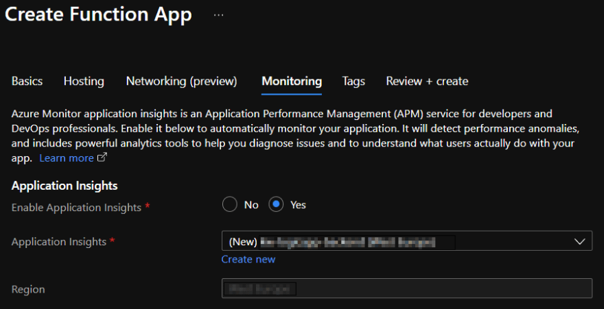 Azure Functions monitoring setting