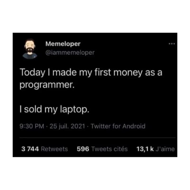 Twitter post from user @iammemeloper that reads, "Today I made my first money as a programmer. I sold my laptop".