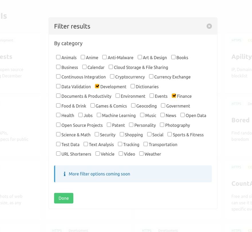 Filter APIs screenshot