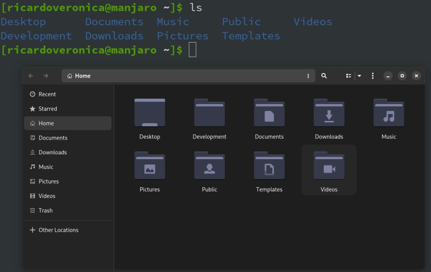 Comando ls en la terminal de Linux junto con Nautilus explorador de archivos<br>
