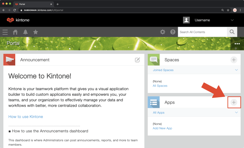 Kintone Portal > Create Apps Button