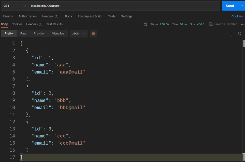 Postman Get request to localhost:8000/users