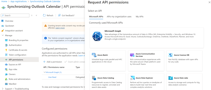 Request API permission for the registered app