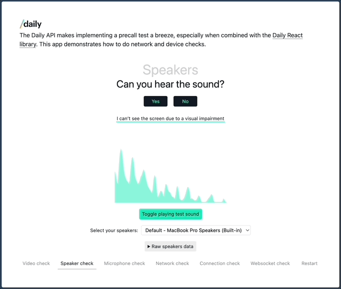 The "speaker test" portion of the precall check