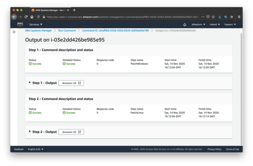 Detailed view of the run patch baseline task, showing a button called Amazon S3 which redirects us to where the logs are stored in S3