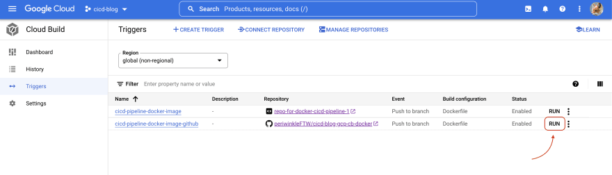 GCP CI/CD pipeline using Code Build, Docker, and Github. Running trigger manually pt1