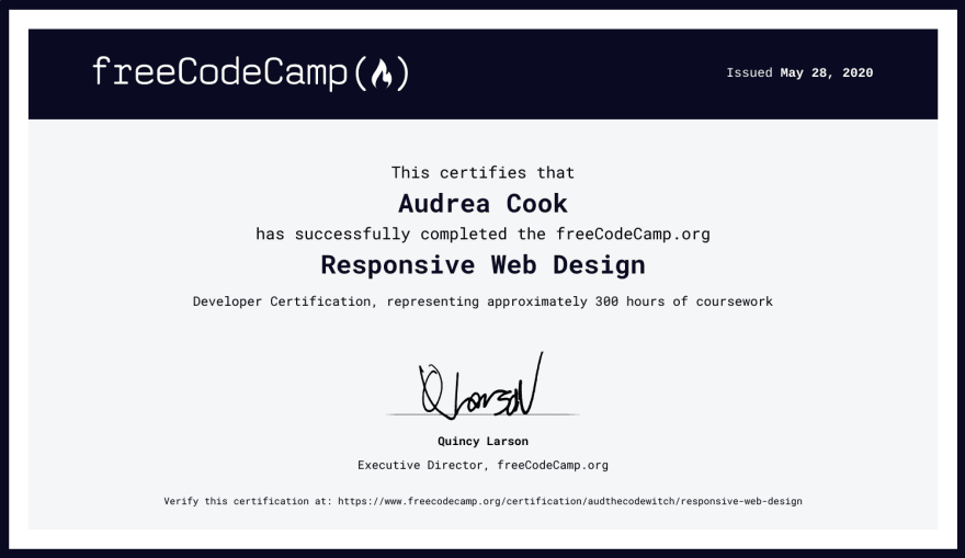 Responsive Web Design certificate of completion