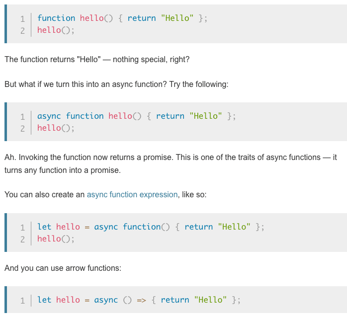 Screenshot of MDN article showing syntax for async functions