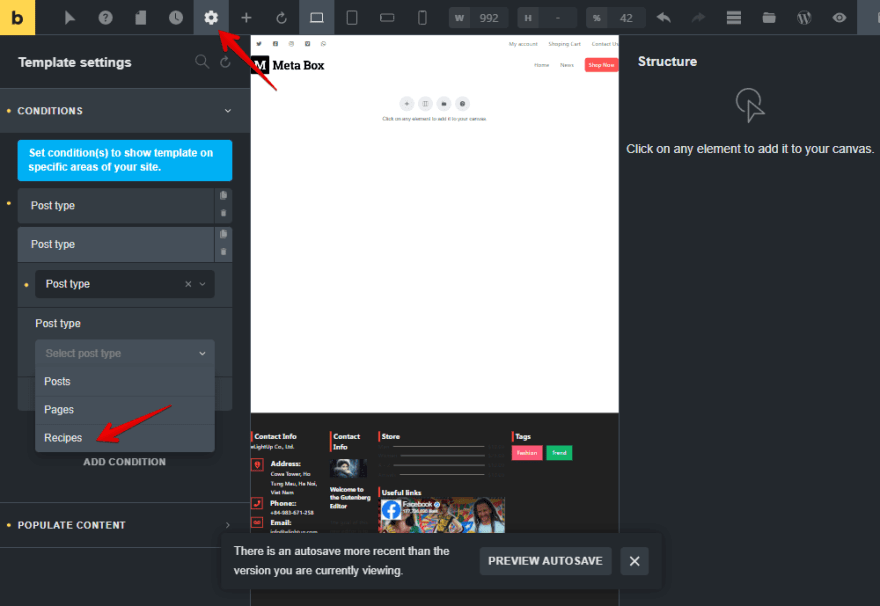 Set conditions for the template to apply it to the Recipes post type
