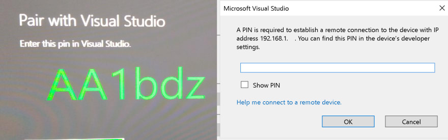 Collage of photo of pair code and screenshot of pairing dialog in Visual Studio