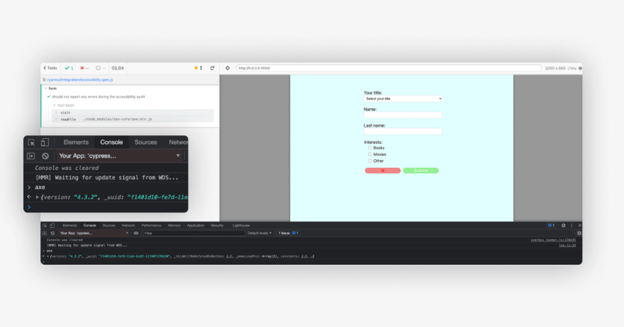 Cypress Test Runner with developers console opened and AXE object logged there
