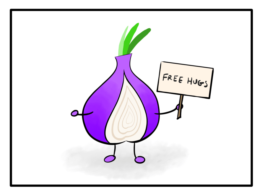 Tor onion holding a Free Hugs sign