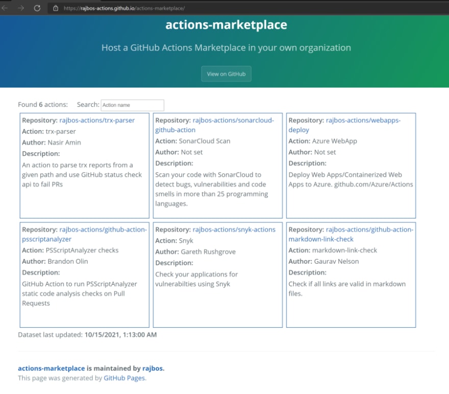 Screenshot of the marketplace in action, with an overview of the actions available, search information and the last updated date