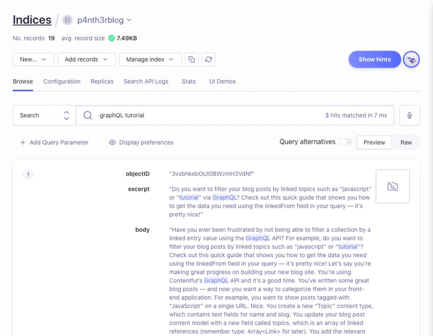 A screenshot of the Algolia Indices dashboard, showing a preview of the results as I search for "graphQL tutorial".