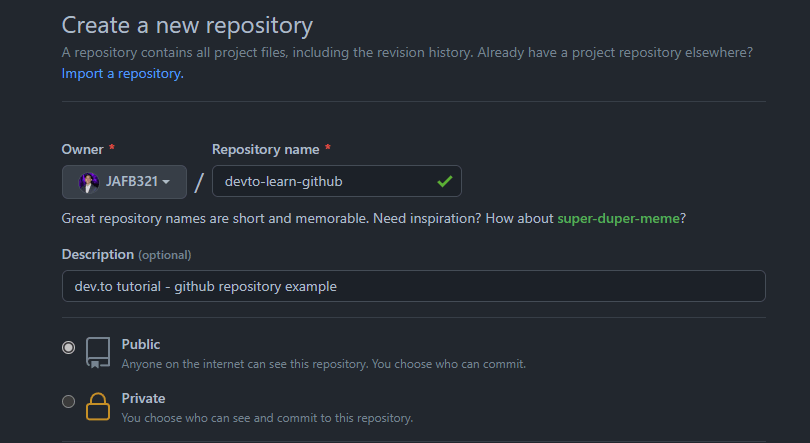 Github repository create page