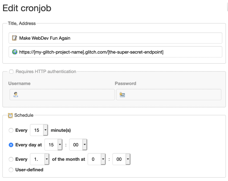 Screenshot of cron-job.org setup