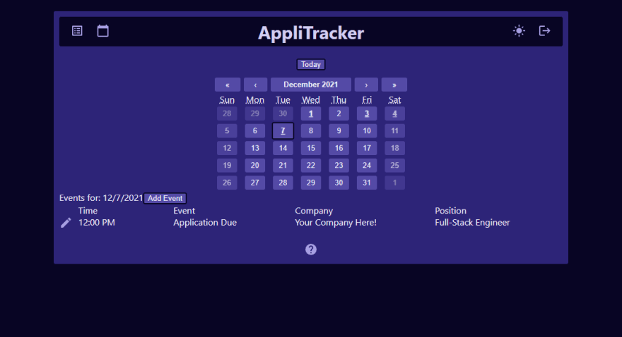 AppliTracker demo with calendar