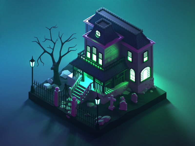 happy halloween haunted 3D house with birds eye view and green lighting the windows eerily