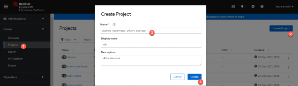 openshift - create project namespace