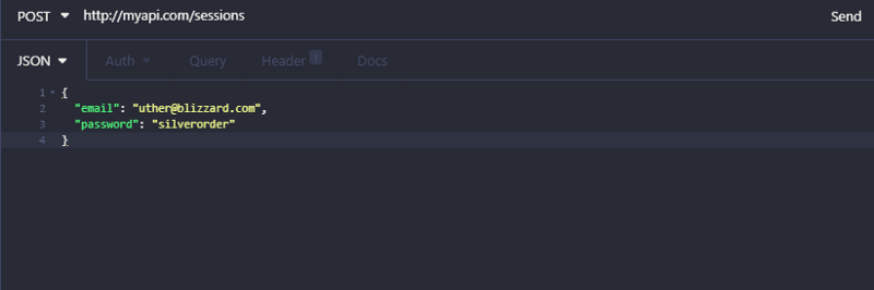 Insomnia was used to generate a JWT by passing a http POST request with a body containing the user email and password.