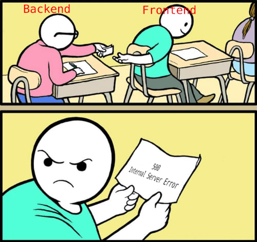Backend passes Frontend a note in class. Frontend turns around, scowling. The note says "500 Internal Server Error"