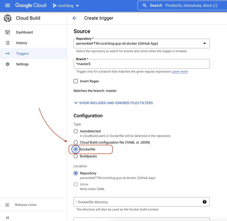 GCP CI/CD pipeline using Code Build, Docker, and Github. Creating a trigger pt2