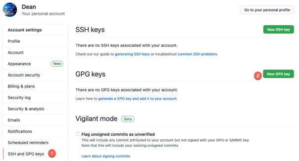 GitHub - SSH and GPG Keys - New GPG Key