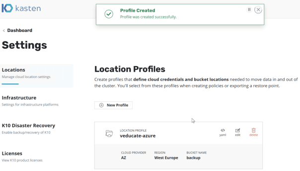 Kasten Create Location profile azure profile created