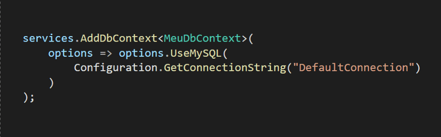 Imagem mostrando a a classe estartup configurando uma connection string de banco de dados