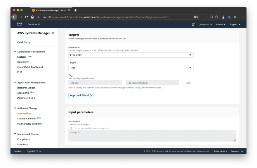 A screenshot of the execute automation page with tag key App and tag value HelloWorld specified