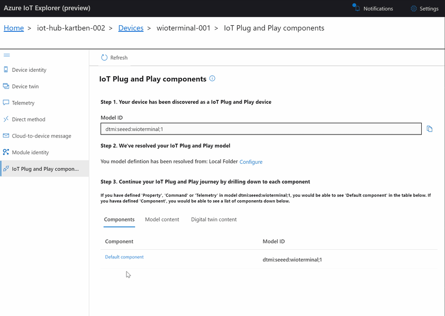 An animated screen capture showing how to send IoT commands in the Azure IoT Explorer application