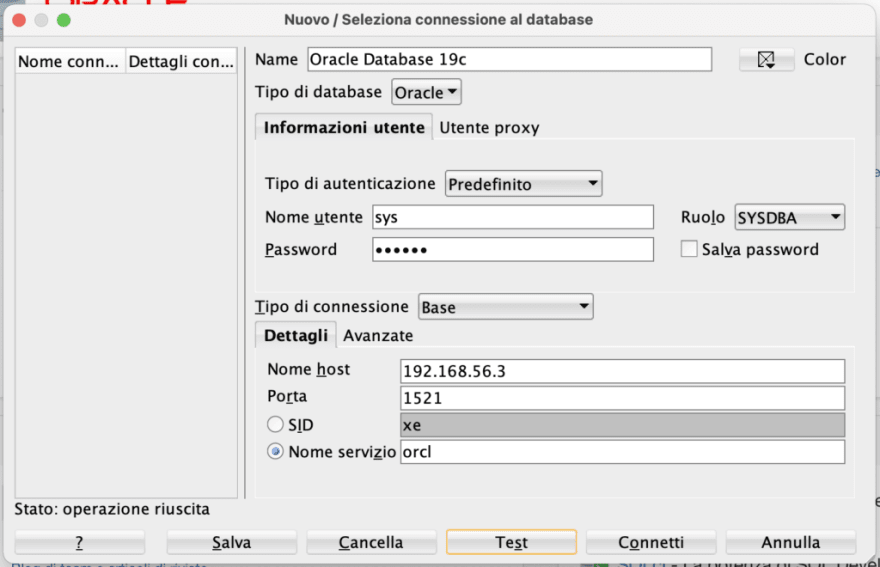 Figura 19 - Setup della connesione dal database Oracle