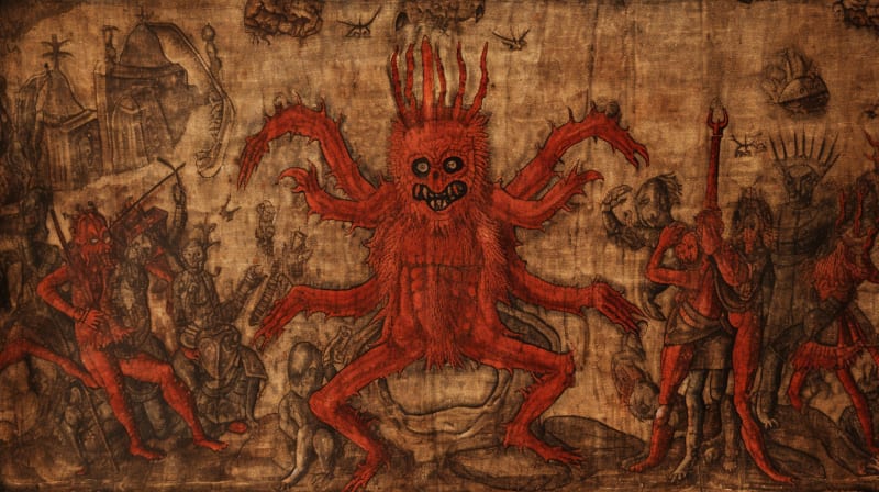 Photo of an ancient tapestry of Ferris fighting demons in hell, 15th century, medieval art