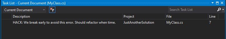 Visual Studio Task View showing single HACK comment