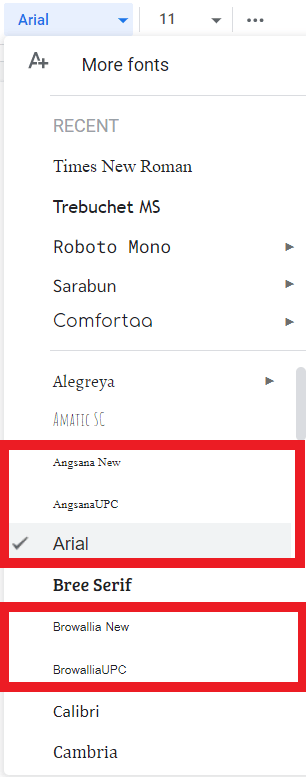 font ในเครื่องในเมนูเลือก font