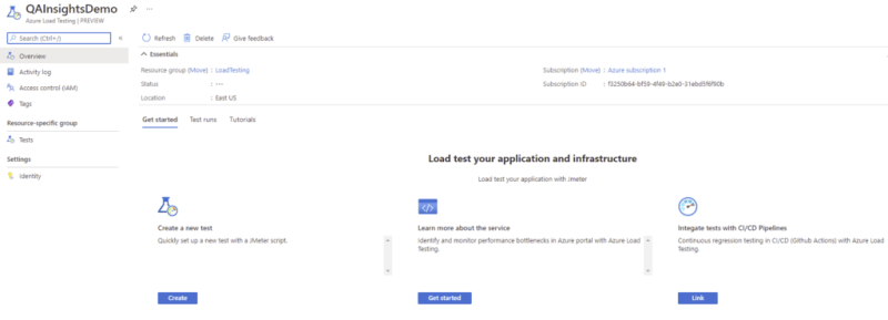 Home page of Azure Load Testing