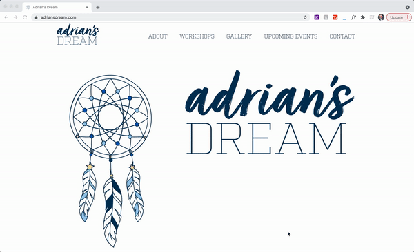 A GIF of the Adrian's Dream website with its sticky navbar