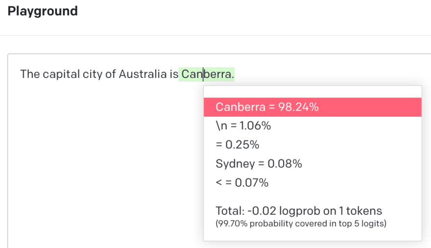 The potential probabilities of words following “The capital city of Australia is”