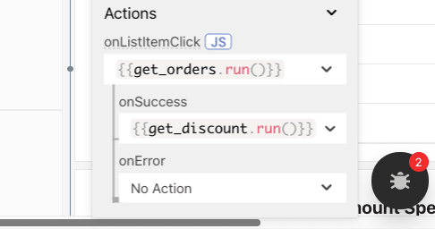 image showing the actions section of the list widget property pane