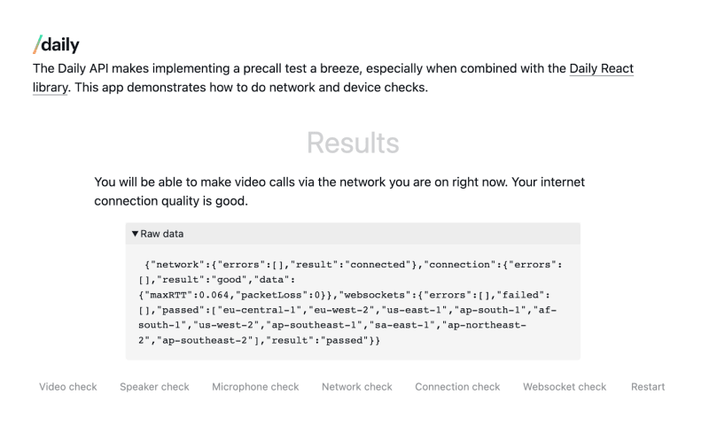 A screenshot of the final results of network checks in the Daily Precall React app