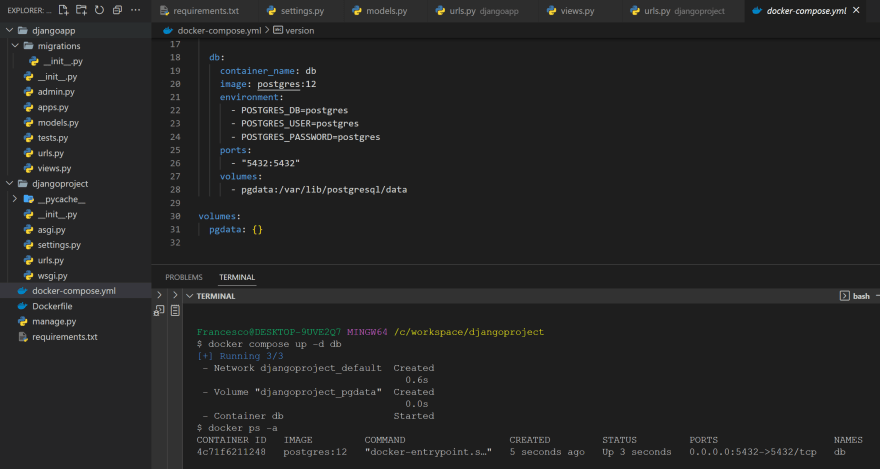 Docker compose logs command output